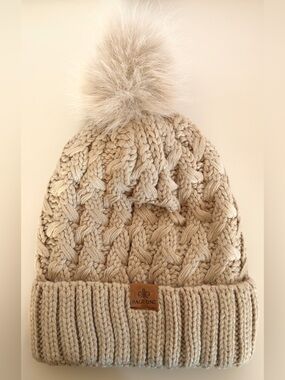 Beige Cable Knit with Faux Fur Pom Beanie